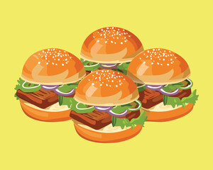 A collection of classic hamburgers on buns with fresh vegetables and meat - Vector Illustration

