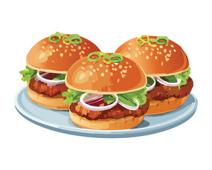 A row of three delicious cheeseburgers with beef patties, cheese, and vegetables - Vector Illustration

