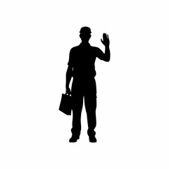 Inspector examining fire safety equipment installation silhouette on white background