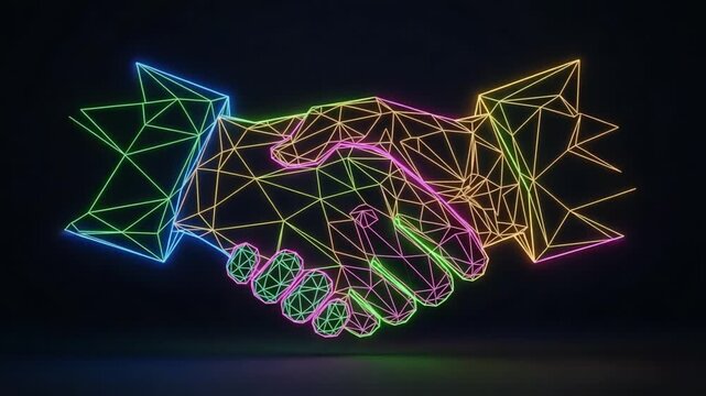 A vibrant and abstract digital representation of a handshake, symbolizing collaboration, agreement, and mutual understanding through a geometric design of colorful lines.