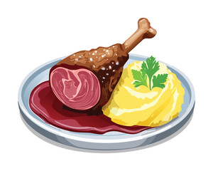 A plate with roasted duck leg served with a side of creamy mashed potatoes - Vector Illustration

