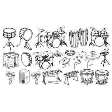 Outline musical instruments percussion drums snare drum conga xylophone timpani maracas cajon tambourine set