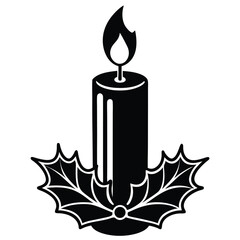 Christmas candle with flame outline vector line art festive design, Holiday candle silhouette, Xmas candle vector drawing, Festive Christmas candle outline.