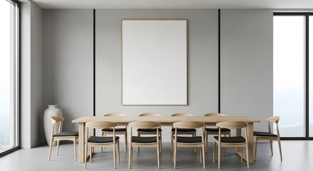 Modern minimalist dining room featuring a large blank canvas artwork above a light wood table with chairs, creating serene and stylish interior design inspiration.