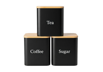 Three black canisters labeled tea, coffee, and sugar isolated on transparent background