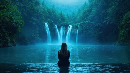 Fototapeta premium Standing Woman standing near a waterfall, embracing the serenity and power of nature.