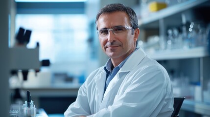 A middle-aged man in a white lab coat and safety glasses sits in a laboratory, with a microscope and test tubes in the background.