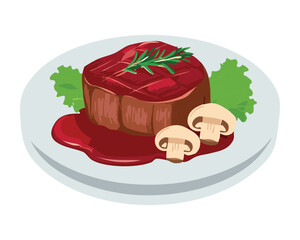 Seared steak with fresh mushrooms and a side of steamed asparagus, all topped with a rich red wine sauce - Vector Illustration