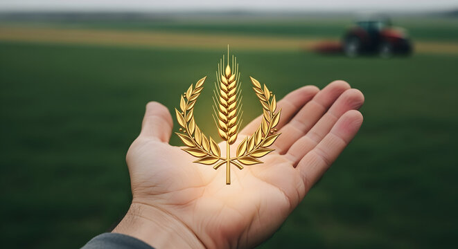 Golden wheat in farmer's hands, representing agriculture, harvest, and abundance in a lush green field with a tractor in the background.