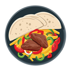 Appetizing steak fajitas with grilled peppers and onions, served with a side of flour tortillas for a perfect meal - Vector Illustration