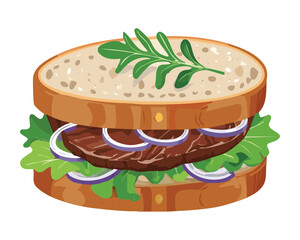 Classic steak and cheese sandwich with melted cheese, fresh lettuce, tomatoes, and a savory steak filling - Vector Illustration