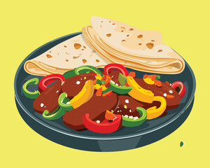 Delicious grilled fajitas with seasoned steak, sautéed bell peppers, and onions, served with flour tortillas - Vector Illustration