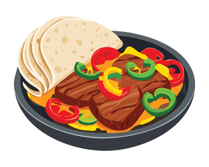 Sizzling fajitas with strips of seasoned steak, colorful bell peppers, and onions, served with warm tortillas - Vector Illustration