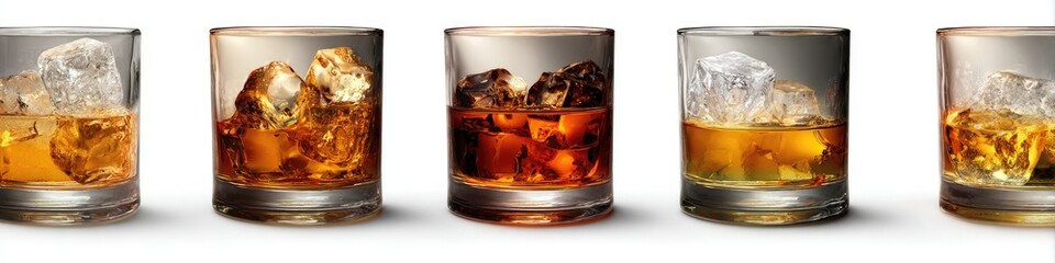 Several short, clear glasses filled with amber-colored spirits and ice