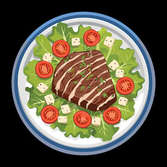 Sliced grilled steak over a fresh garden salad with cherry tomatoes, red onion, and a balsamic glaze - Vector Illustration