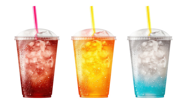 Three cold drinks with dome lids and straws refreshing beverage illustration on white background