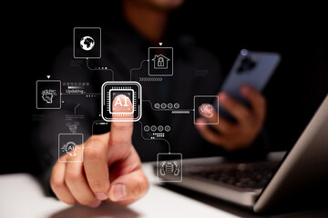 A person interacting with an AI interface, showcasing digital technology and connectivity through touch and visual elements on a screen.