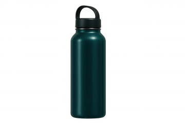 Studio shot of reusable green water bottle with black cap, promoting hydration and sustainability on transparent background