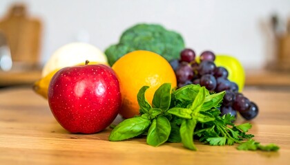 Fresh colorful assortment of fruits and vegetables on a wooden table.