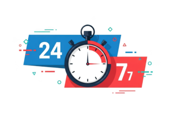 A stopwatch with 24 and 7 isolated on transparent background represents 247 service