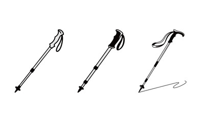 A set of three hand-drawn black and white illustrations of hiking and trekking poles, suitable for outdoor sports and adventure-themed design projects.