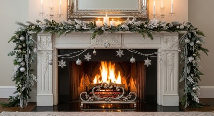 Elegant Winter Fireplace Decoration with Frosted Garland and Silver Ornaments