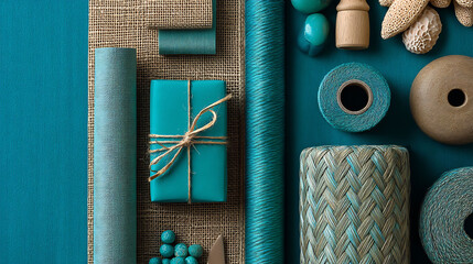 Teal aesthetic background with gift wrapping and decorative elements flat lay style