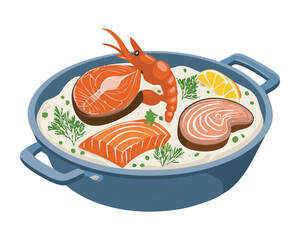 Platter of fresh seafood, with raw salmon, shrimp, lobster, and lemon slices - Vector Illustration