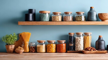 Organized pantry with glass jars and grains