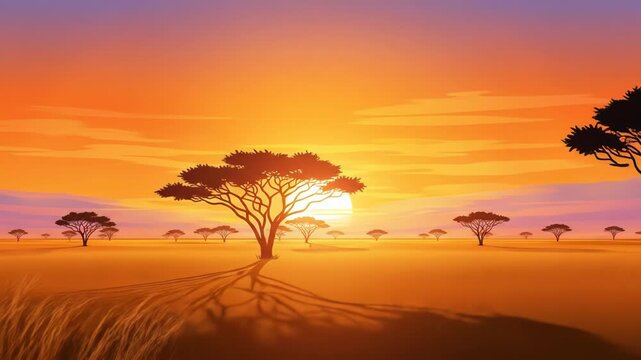An African savannah landscape with silhouetted trees and a sunset sky