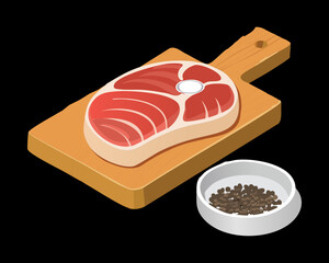 Sliced raw beef steak on a clean wooden cutting board with peppercorns for cooking preparation - Vector Illustration