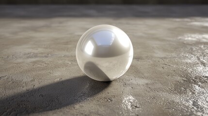 A white sphere with a smooth, reflective surface, floating on a concrete floor with a shadow cast by its reflection.