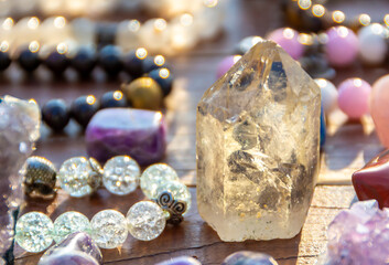 Natural rock crystal mineral. Semi-precious multi-colored stones, minerals close-up. Mineralogy. Collection of minerals.