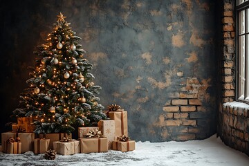 Christmas tree with golden ornaments and gifts in snowy room decorated Christmas tree