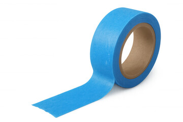 Fototapeta na wymiar Vibrant blue masking tape roll partially unrolled, isolated on a transparent background, ready for various applications