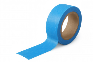 Vibrant blue masking tape roll partially unrolled, isolated on a transparent background, ready for various applications