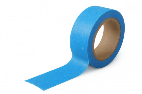 Vibrant blue masking tape roll partially unrolled, isolated on a transparent background, ready for various applications