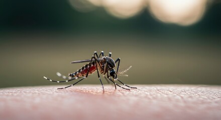 Fototapeta premium A mosquito with striped legs feeding on human skin with a blurred background
