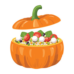 A pumpkin bowl filled with a fresh salad of quinoa and sliced vegetables, a delicious and healthy autumn meal - Vector Illustration