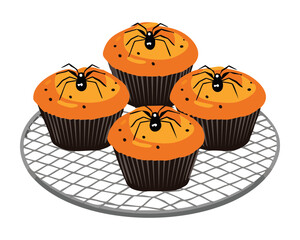 A group of Halloween-themed cupcakes with creepy spiders on a cooling rack, a fun and spooky dessert for the holiday - Vector Illustration