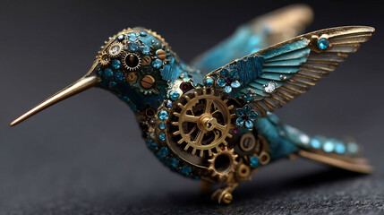Steampunk hummingbird art mechanical bird sculpture detailed gears and jewels design