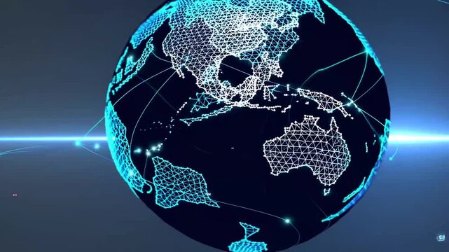 Three-dimensional low polygonal globe symbol featuring interconnected dots on blue background