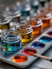 Vibrant Watercolor Paints in Glass Jars Ready for Artistic Creation