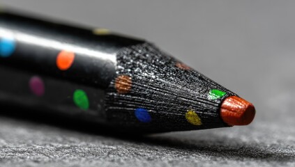 Close-up of a black colored pencil with colorful polka dots