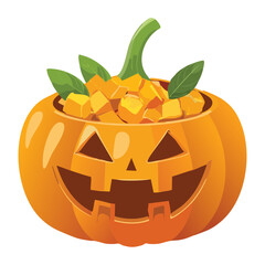 A carved halloween pumpkin with a happy face, filled with assorted candies - Vector Illustration