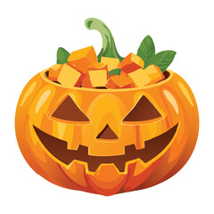 A carved pumpkin with a happy face, filled with healthy vegetable stew - Vector Illustration