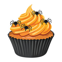 A festive pumpkin-flavored cupcake topped with orange cream and spiders - Vector Illustration