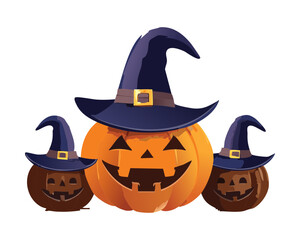 A trio of jack-o'-lanterns wearing spooky witch hats, a cute and festive Halloween decoration - Vector Illustration