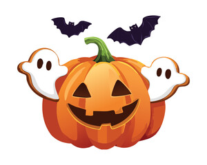 A spooky jack-o'-lantern with flying bats and ghosts, a fun and classic Halloween decoration - Vector Illustration