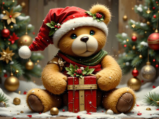 A plush teddy bear wearing a red Santa hat and a festive scarf sits on a snowy surface. It holds a red gift box adorned with holly and a golden ribbon. 